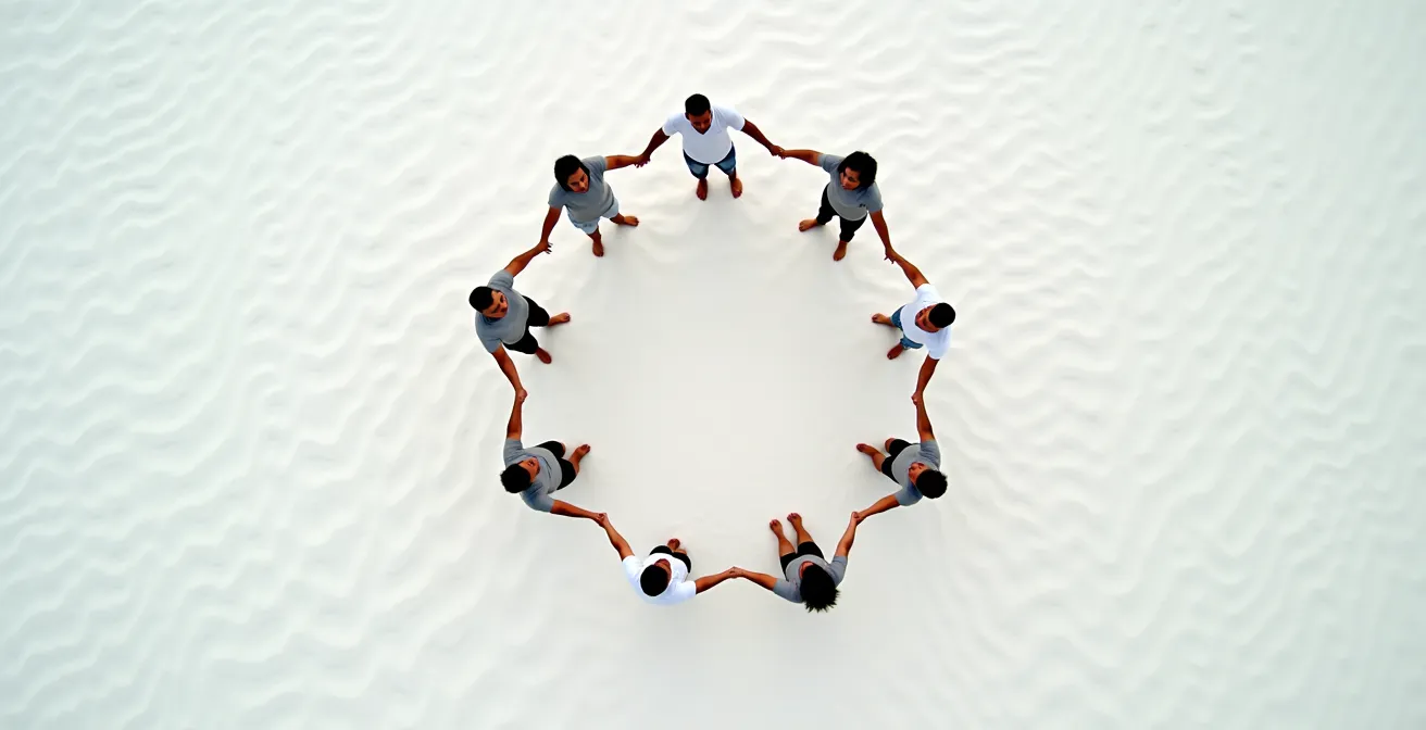 Vue aérienne d'une équipe diverse formant un cercle de soutien lors d'un exercice de confiance