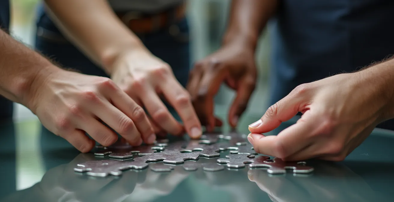 Mains d'équipe disposant des pièces de puzzle métalliques sur une surface réfléchissante