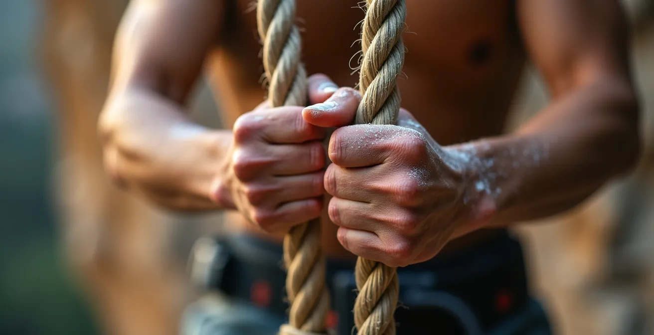 Gros plan sur des mains agrippées à une corde d'escalade montrant l'effort et la détermination