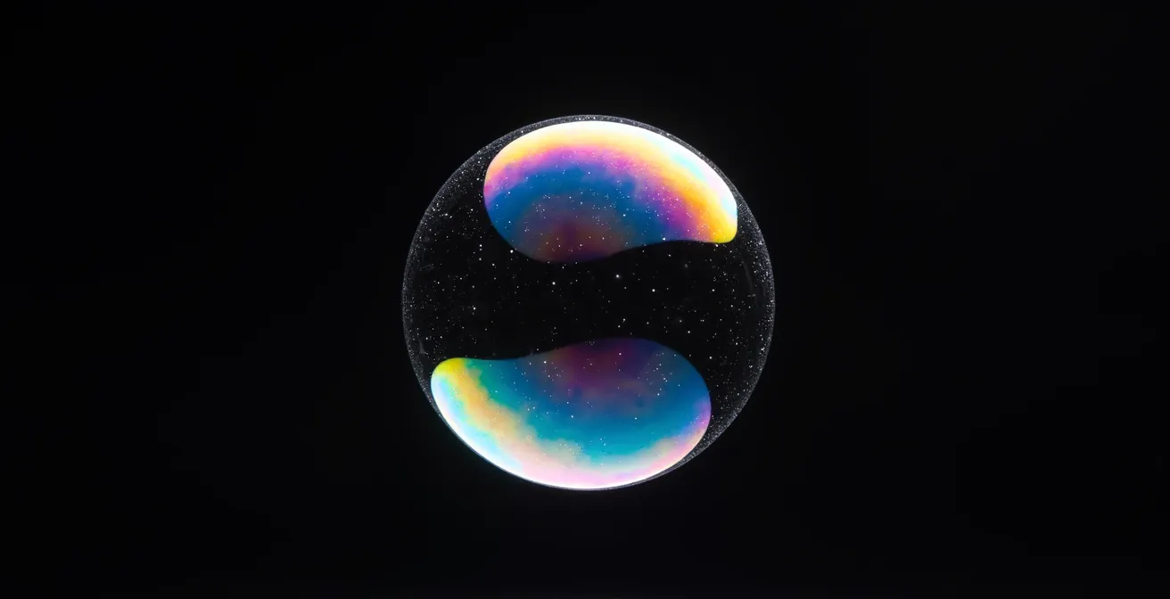 Détail macro d'une bulle de savon irisée sur fond noir capturant l'éphémère et le mémorable