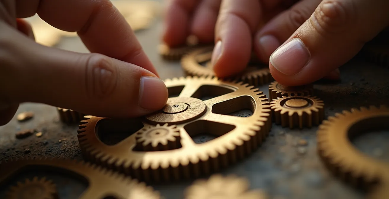 Gros plan sur des mains d'équipe manipulant ensemble un mécanisme complexe