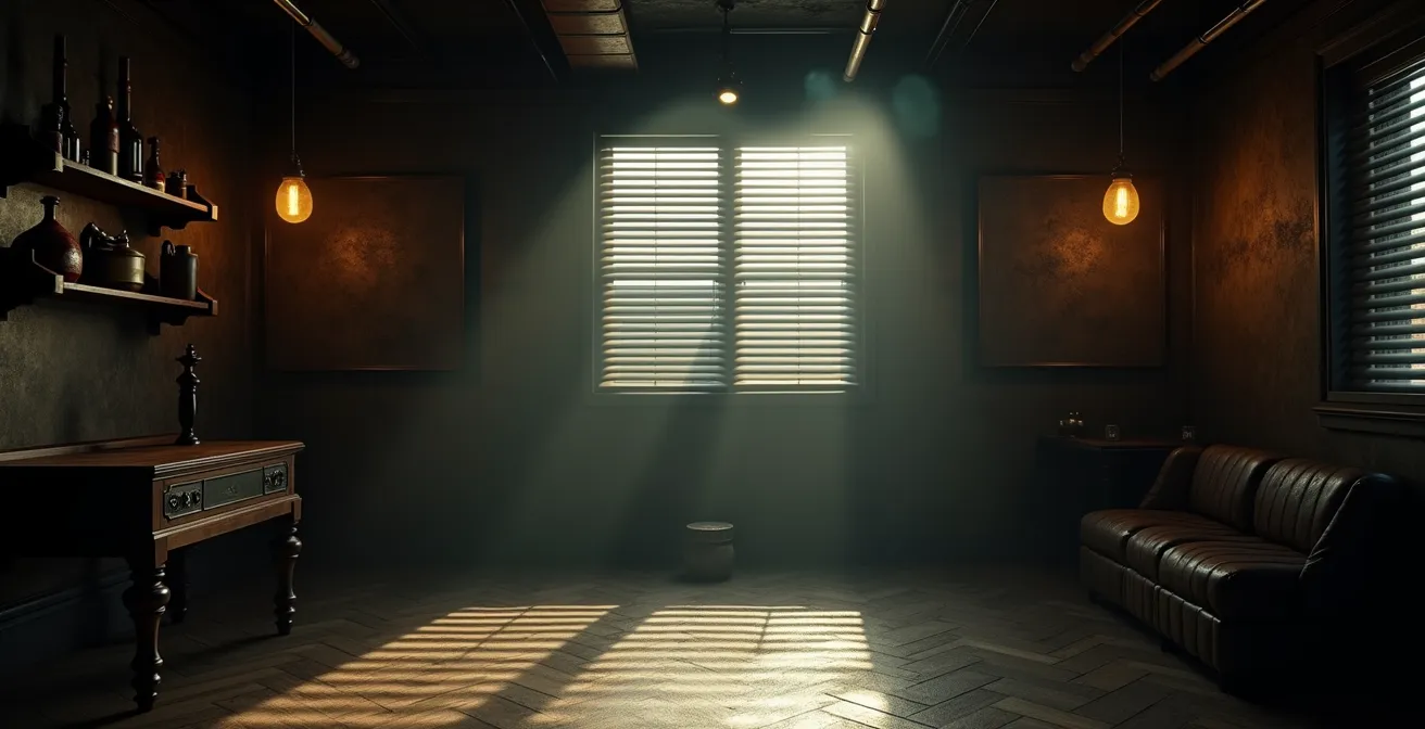 Vue d'ensemble d'une salle d'escape game avec éléments mécaniques et ambiance mystérieuse