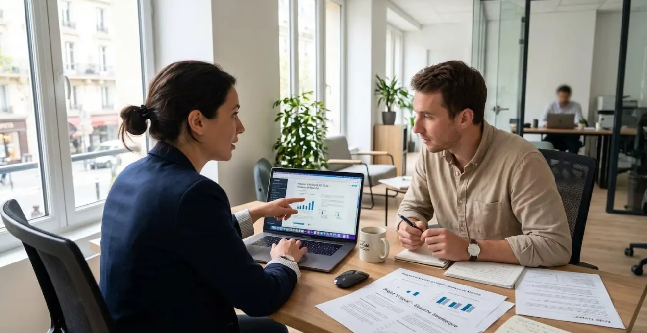 Deux collègues travaillant ensemble de profil sur un ordinateur portable dans un espace de coworking lumineux à Lyon