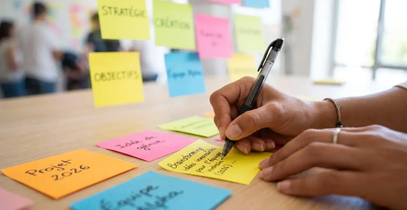 Gros plan sur des mains écrivant sur des post-its colorés lors d'un atelier de travail collaboratif