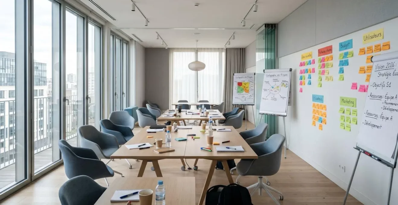 Salle de réunion moderne vide après un atelier collaboratif avec tableaux blancs annotés et chaises déplacées, lumière naturelle abondante
